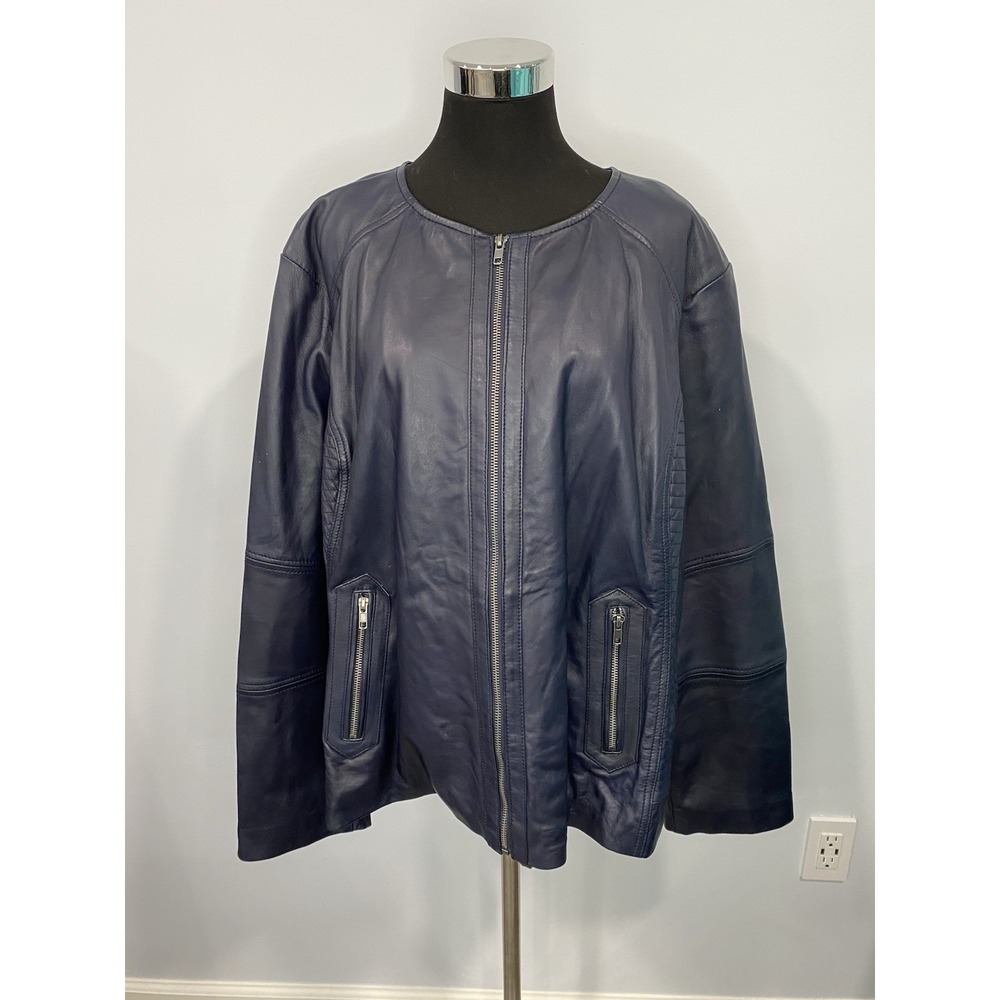 Black‎ Rivet Womens Size 3X Navy Blue Leather Moto Jacket Collarless Zip Closure